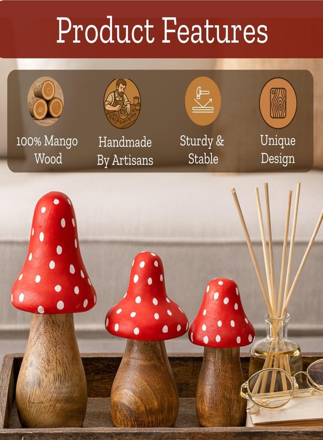 Mie Creations Wooden Mushroom Decor Figurines Set of 3, Aesthetic Mushroom Decor for Outdoor Garden Yard, Table Centerpieces, Home Shelf, Office Desk, Wood Decorative Christmas Sculptures- Red Dotted - Image 2